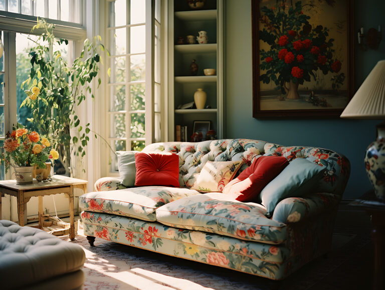 living room with chintz sofa