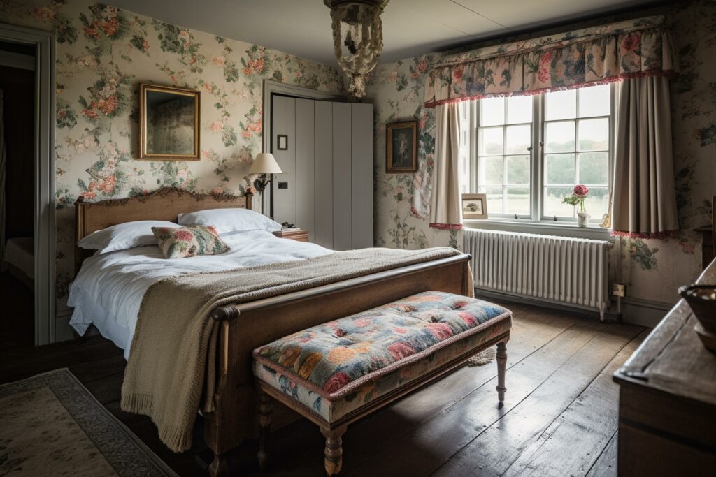country bedroom with a chintz upholstered bench