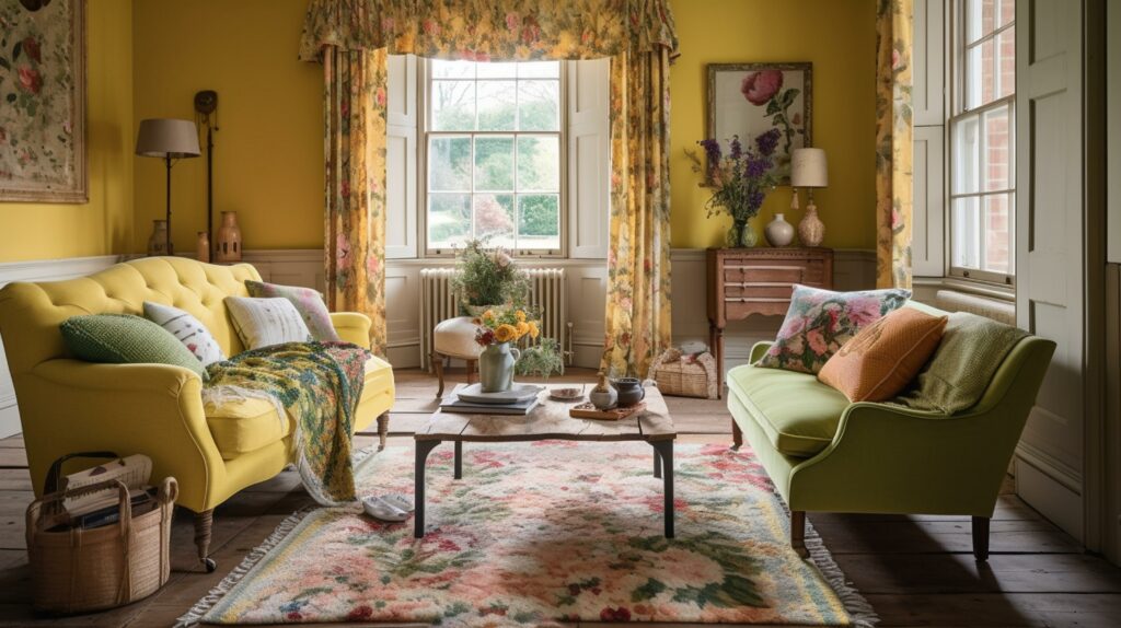 A bright English cottage Living Room with chintz textures