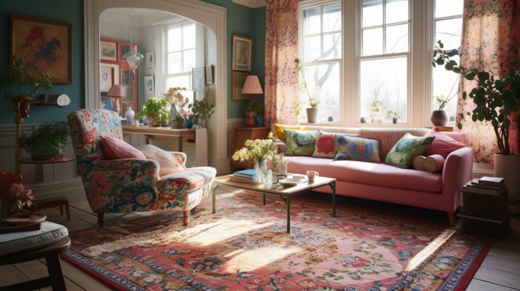 whimsical living room with a mix of floral and chintz prints