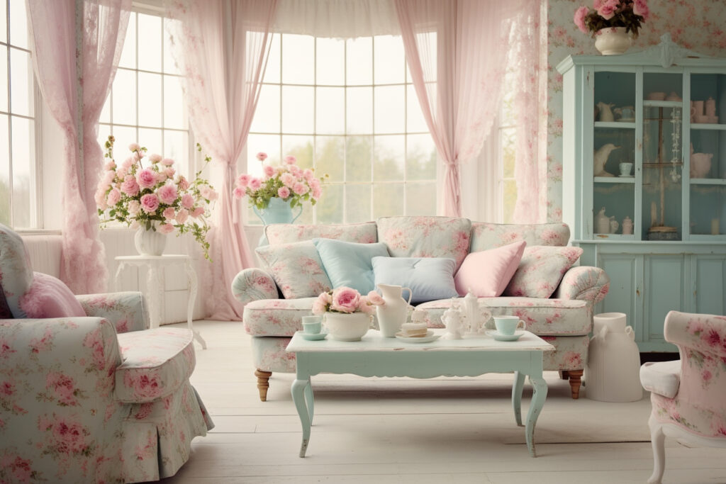 vintage living room design with chintz upholstered sofa 